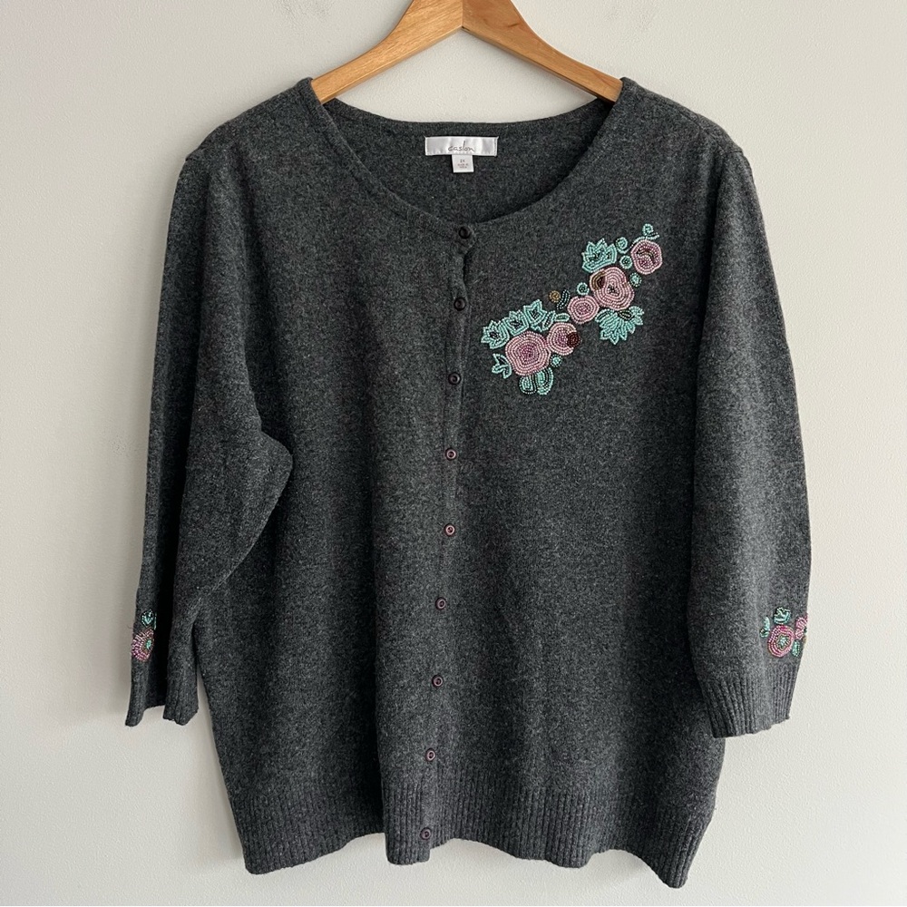Caslon Charcoal Lambswool Angora Cardigan with Floral Embroidery 2X